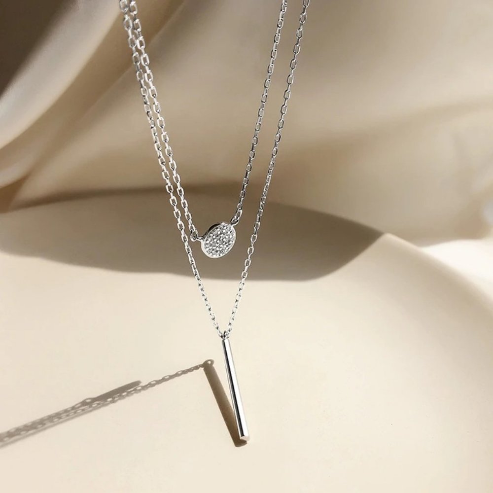 NEW 925 Silver Diamond Coin Bar Layered Necklace 7 - Picture 2 of 8